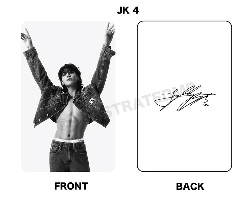 May include: Black and white photo of a person wearing a denim jacket and jeans. The person is posing with their arms raised. The photo is signed "JK 4" in black ink.