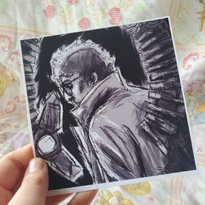 May include: A black and white illustration of a person with a spiky haircut wearing a jacket and looking over their shoulder. The person is surrounded by a series of lines that appear to be wings.