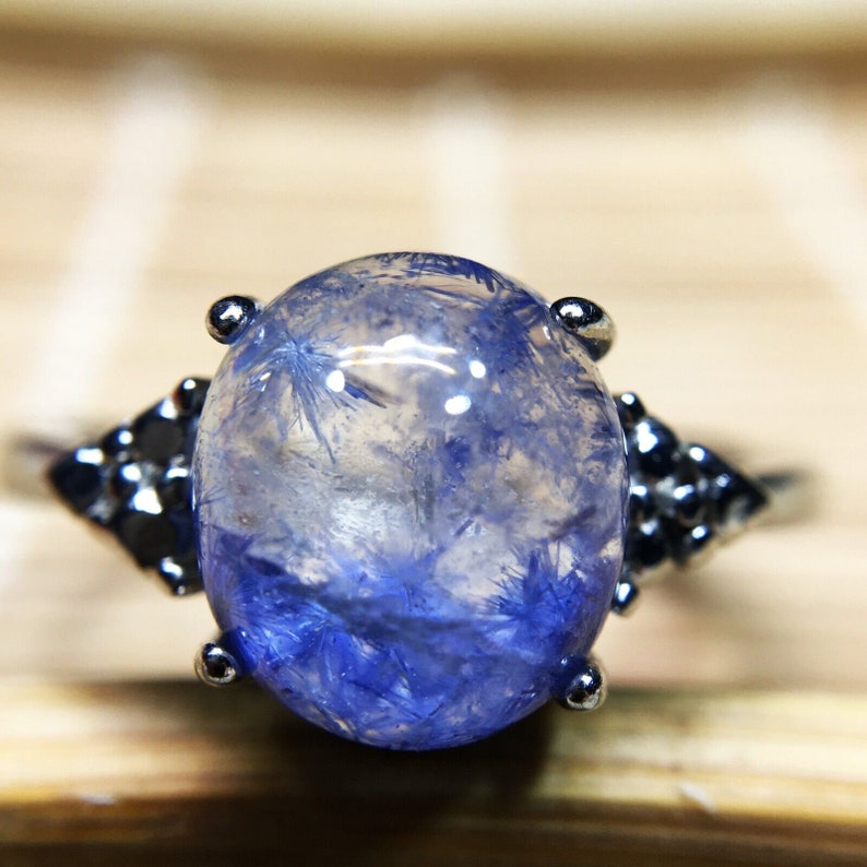 100%Natural Blue Rare Dumortierite Quartz Rutilated Adjustable Ring g41 image 4