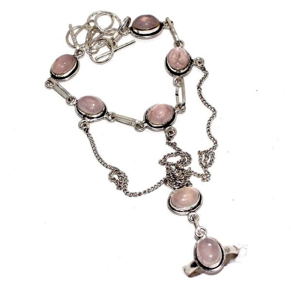 925 Silver Plated-Rose Quartz Ethnic Hathphool Set Bracelet Jewelry 9" tq20