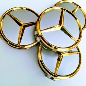 24K GOLD PLATED x4 Mercedes Benz Silver alloy Wheel Centre Hub caps 75mm star