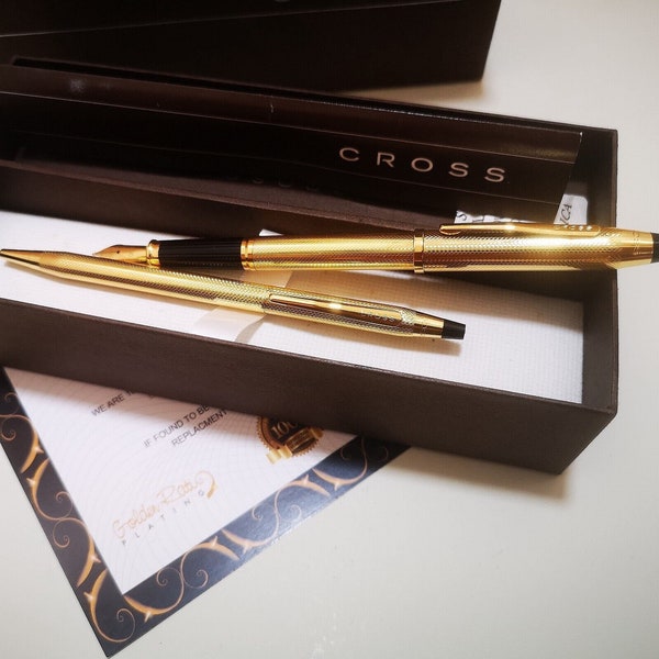 24k Gold Plated Shiny Cross Century ll Ball Point Writing & Fountain Pen Set