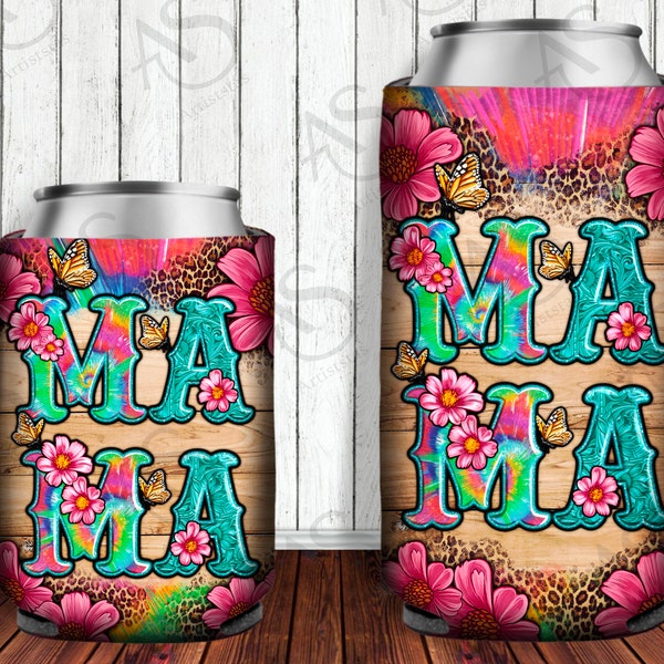 Tie Dye Mama With Flowers Can Cooler Png, Mama And Butterflys Can Cooler Png, Tooled Leather Mama Can Cooler Png Digital Downloads