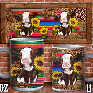 Holstein Cow With Western Background Mug Png Png,Serape Cow Cup Coaster,Sunflower Mug,Holstein Cow with Sunflower Png,Digital Download