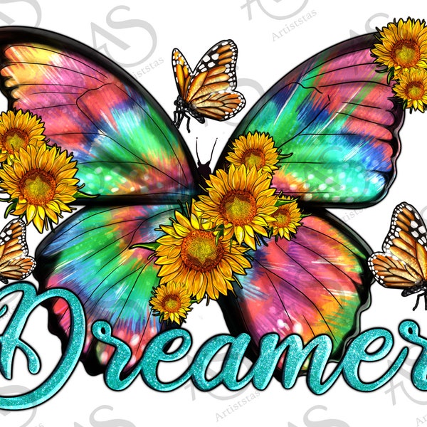 Dreamer with Western Butterfly Png, Western Butterfly Png, Dreamer Png,Sunflower Png,Floral Butterfly Png, Tie Dye Butterfly Png,Digital Png