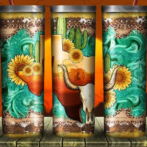 Texas Karte und Stier Totenkopf Kaktus Sonnenblumen Tumbler 20oz Skinny Png Sublimate Design,Texas Map Tumbler Png,Sublimate Design,Digital Download