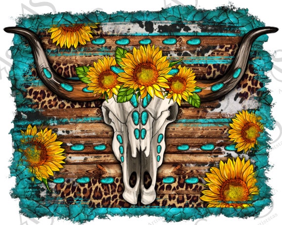 Longhorn Bull Skull Sunflower Turquoise Background Png - Etsy