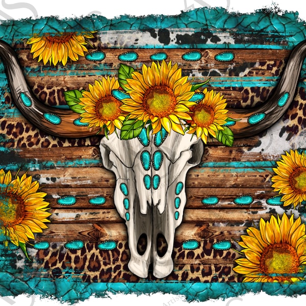 Longhorn Bull Skull Sunflower Turquoise Background Png Sublimation Design, Sunflower Bull Skull Png, Png Sublimation Design,Digital Download