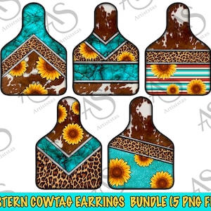 Western Cowtag Earrings Bundle Png, Sunflower And Turquoise Cowtag Earrings Png, Leopard And Serape Cowtag Earrings Png Digital Downloads