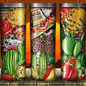 Mexicaanse png 20oz magere tumbler met westerse achtergrond sublimatie ontwerp, Cinco de Mayo Tumbler png, sombrero hoed png, cactus png, koeienhuid