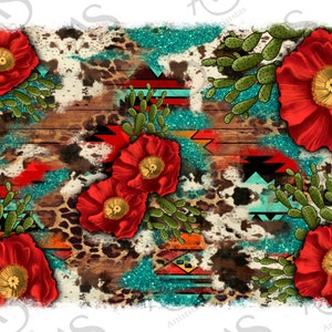 Red Flower And Cactus With Cowhide And Aztec Background Png Design, Western Background Png, PNG Sublimation Design,Digital Download