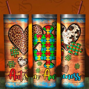 Autism Awareness Hearts Puzzle Cowhide Leopard Tumbler 20oz Skinny Tumbler Png Sublimate,Autism Tumbler Png,Autism Leopard Heart Tumbler Png