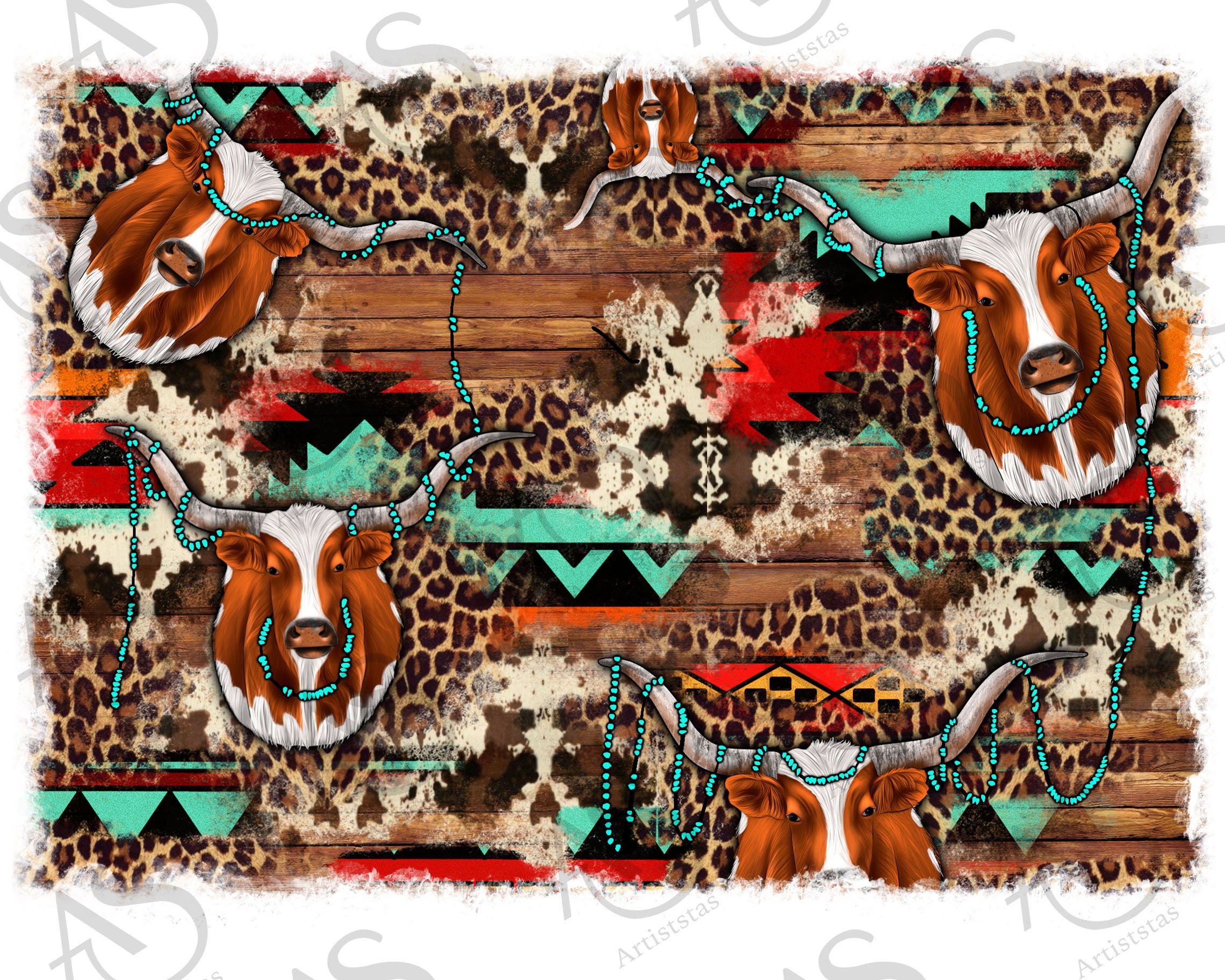 Texas Longhorn Aztec and Cowhide With Leopard Background PNG Etsy