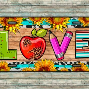 Placa De Licença De Amor E Girassol Com Caneta E Maçã Png,Placa De Professor Png,Placa De Amor Png,Placa De Licença Leopard Apple Png