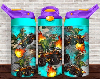 Dinosaur monster truck Kid&#39;s bottle png sublimation design download, Dinosaur Kid&#39;s bottle png, monster truck png,sublimate designs download