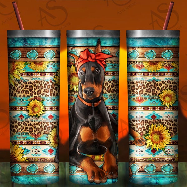 Western Doberman Tumbler Png, Sunflowers And Gemstone Doberman Tumbler Png, 20oz Skinny Tumbler Png, Doberman Png Digital Downloads