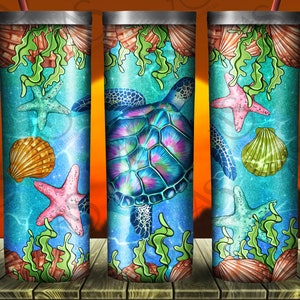 Turtle Seashells Starfish Seaweed Tumbler Png, Sea Turtle Png, Tie Dye Turtle Tumbler Png, Turtle And Starfish Tumbler Png Digital Downloads