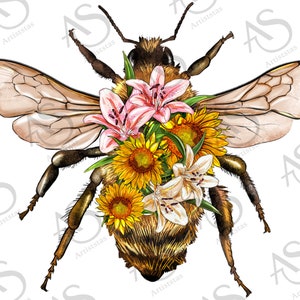 Western Bee With Flowers Png Sublimation Design, Floral Bee Png, Hand Drawn Bee Png, Western Animals Png, Bee Portrait Png, Digital Download