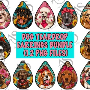 犬のイヤリングバンドルPNG昇華デザイン、ティアドロップイヤリングPNG、花とキラキラの犬のPNG、ひまわりの犬のバンドルPNGデジタルダウンロード