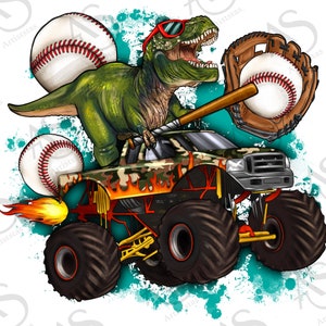 Monster truck and t-rex dinosaur Baseball png sublimation design download, T-Rex dinosaur png, Baseball ball png, sublimate designs download