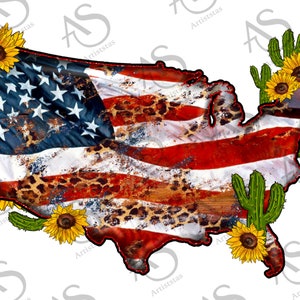 USA kaart png sublimatie design, USA kaart png, zonnebloemen en cactus USA kaart png, 4 juli, Leopard Amerika kaart png digitale download