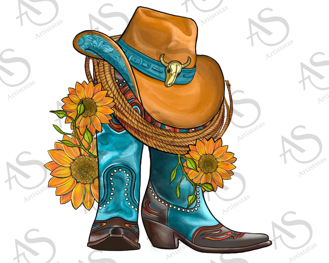 Western Hat and Cowboy Boots With Sunflowers Png Sublimation Design