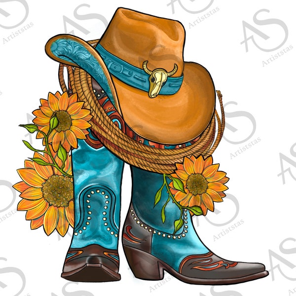 Western Hat And Cowboy Boots With Sunflowers Png Sublimation Design,Western Cowboy Boots Png, Cowboy Boots Png, Western Design Png Downloads