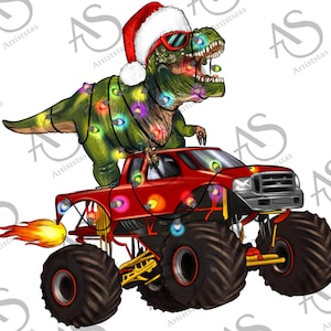 Monster Truck And T-Rex Dinosaur Christmas Png Sublimation Design, Monster Truck Clipart, Christmas T-rex Dinosaur Png, descarga digital