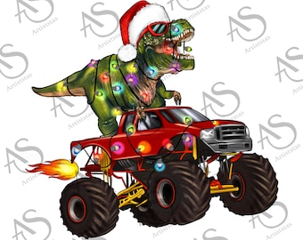 Monster Truck And T-Rex Dinosaur Christmas Png Sublimation Design, Monster Truck Clipart, Christmas T-rex Dinosaur Png, Digital Download
