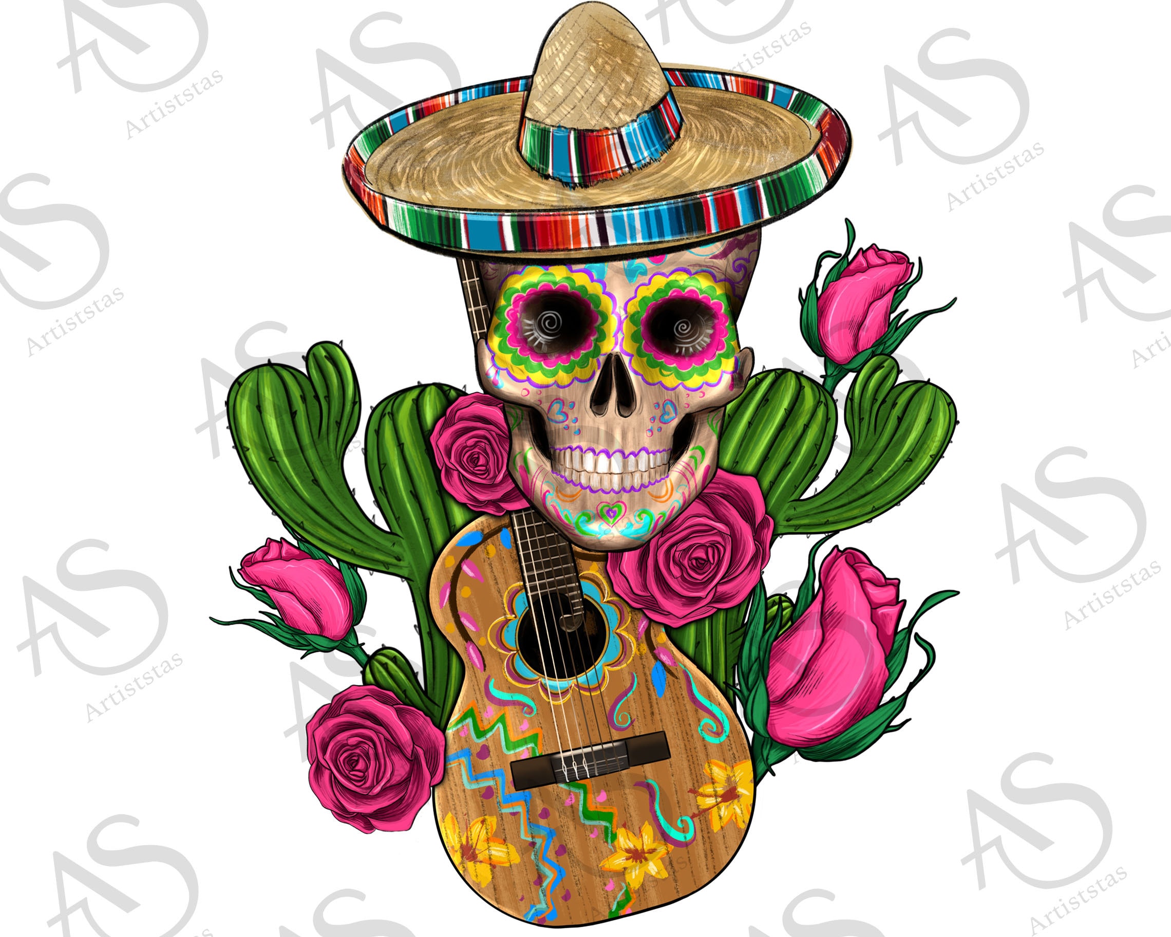 Skull With Roses Mexican Guitar and Sombrero Png Sublimation Etsy