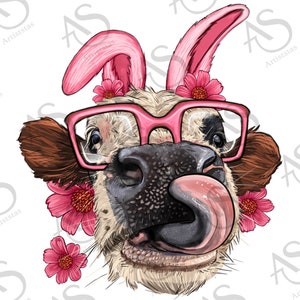 Heifer With Bunny Ears And Glasses PNG Sublimation Design, Hand Drawn Cow Png, Heifer Png, Easter Day Heifer Png, Heifer Cow Png Downloads