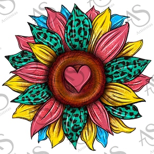 Colorful Heart Sunflower Background Png Sublimation Design, Sunflower Background Png, Glitter Sunflower Png, Leopard Png, Digital Downloads
