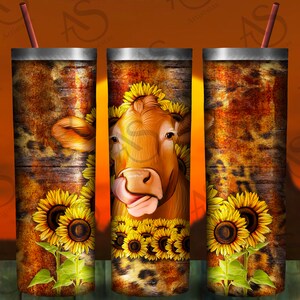 Sunflower Cow Leopard Tumbler 20oz Skinny Tumbler Design, Leopard Tumbler Png, Cow Tumbler Png, 20oz Western Tumbler Png, Instant Download