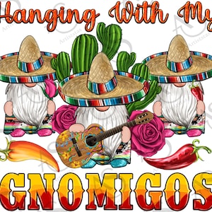 Hangen met Gnomigos png sublimatie ontwerp, Mexicaanse gnome png, Mexicaanse sombrero gitaar png, sombrero peper png, cactus serape Mexico Gnome
