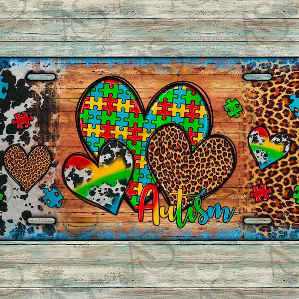 Autism Hearts License Plate Png, Leopard And Cowhide Autism License Plate Png, Western Autism License Plate Png, Autism Png Digital Download