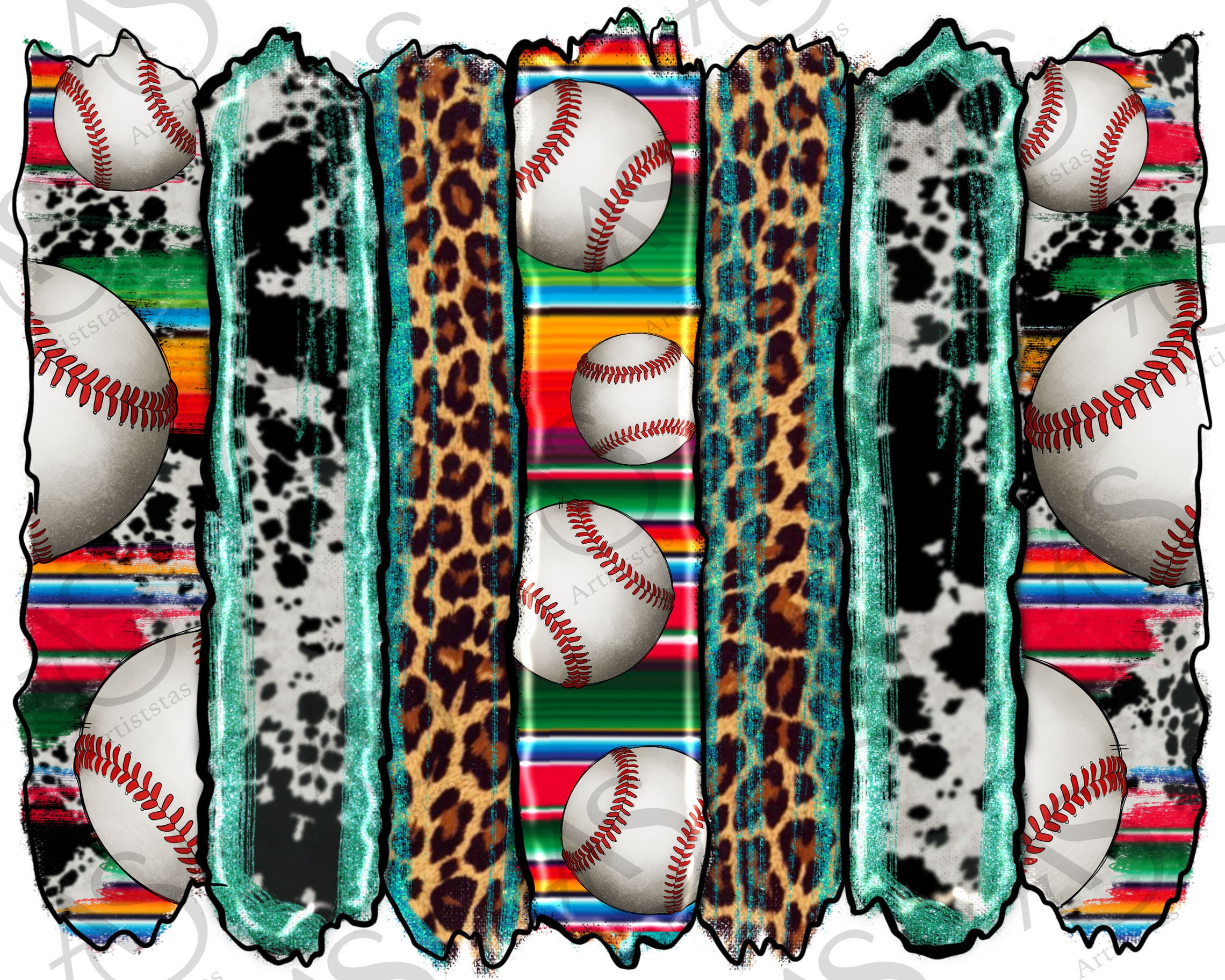 Baseball Themed Glitter Leopard Brushstrokes Sublimation Png 