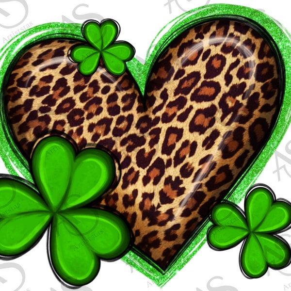 St. Patricks Day Shamrock with Heart Png Design, Irish Shamrock Png,Leopard Hearts Png,Western Heart Png,Shamrock Png,Digital Download
