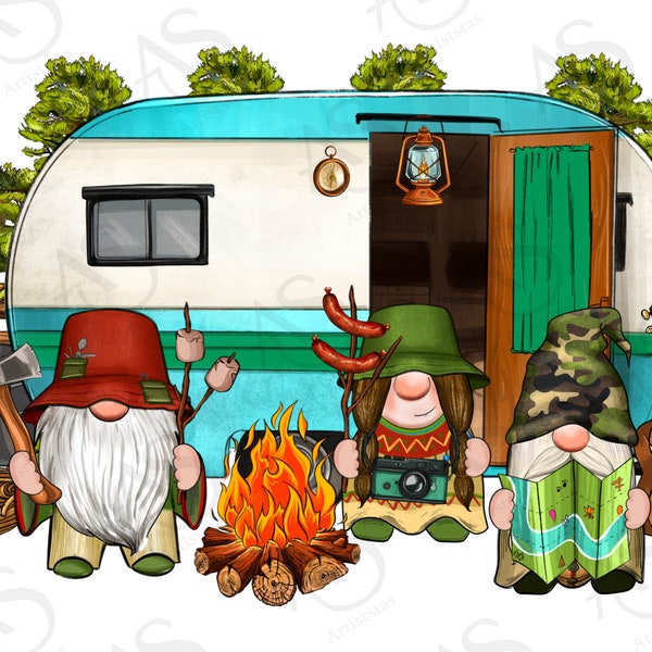 Gnomes camping png sublimation design download, camping van png, camp life png, hand drawn van png, camping gnomes png, sublimate download