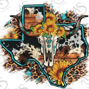 Bull Skull Leopard Rindsleder Sunflower Texas Map Png Sublimation Design, Western Texas Map Png, Bull Skull Texas Map Hintergrund, Png Downloads