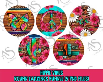 Hippie Vibes Boucles d’oreilles rondes Bundle Png, Butterfly And Piece Sign Boucles d’oreilles rondes Bundle Png, Hippie Round Earrings Png Téléchargements numériques