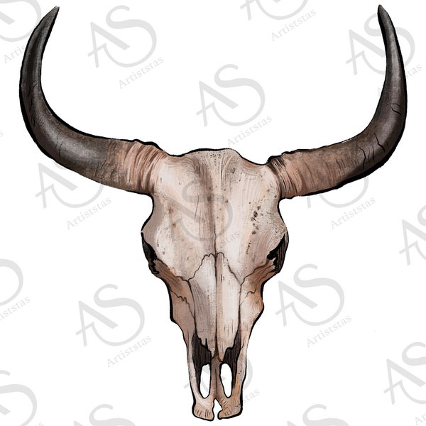 Western Bull Skull Png Sublimation Design, Crâne de taureau dessiné à la main Png, Clipart de crâne de taureau, Conception de crâne de taureau Png Téléchargements numériques