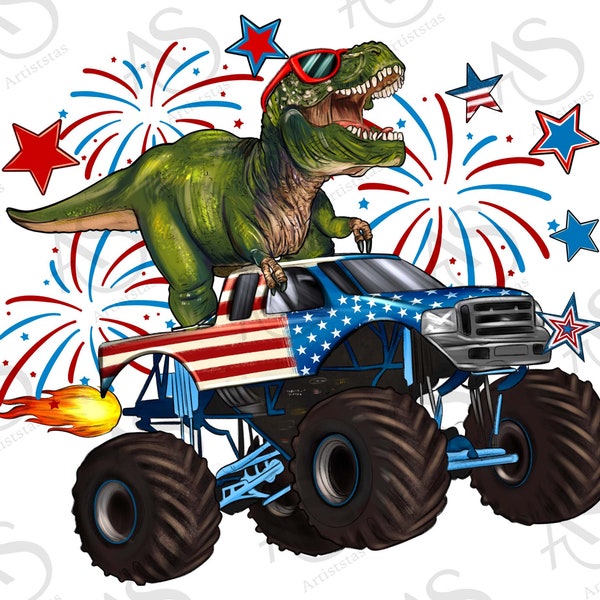 Monster truck and t-rex dinosaur fourth of July png sublimation design download, T-Rex png, 4th of July png, sublimate designs download