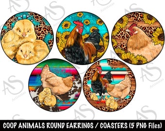 Western Coop Animal Boucles d’oreilles rondes Png Sublimation Design Bundle, Sous-verres de voiture Png, Boucles d’oreilles rondes Occidentales Png, Coop Animals Png Téléchargements