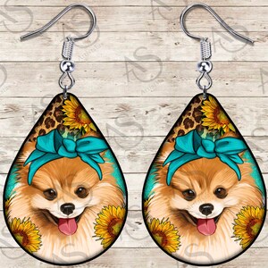 Pomeranian With Blue Bandana Teardrop Earrings Png Sublimation Design, Leopard Pomeranian Teardrop Earrings  Png, Digital Downloads