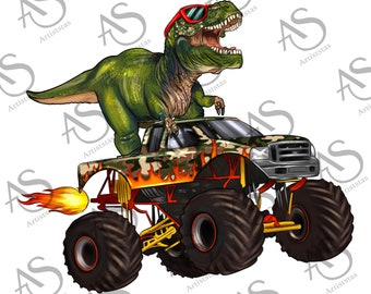 Monster Truck And T-Rex Dinosaur Png Sublimation Design, Camouflage Monster Truck Png, Truck Png, Extreme Vehicle Png, Monster Png, Download