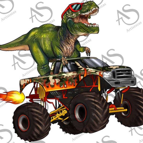 Monster Truck And T-Rex Dinosaur Png Sublimation Design, Camouflage Monster Truck Png, Truck Png, Extreme Vehicle Png, Monster Png, Download