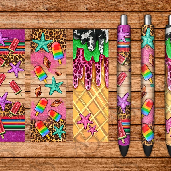 Crème glacée et sucettes glacées Pen Wraps Png Sublimation Design, Ice Cream Pen Wrap Png, Leopard And Cowhide Pen Wraps Png Téléchargements numériques