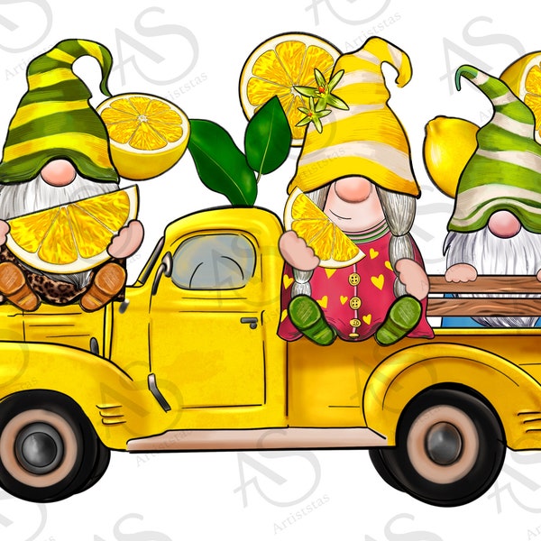 Lemon gnomes truck png sublimation design download, gnomes png design, hand drawn lemon png, truck png, sublimate designs download