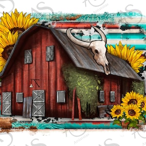 Western Barn And Sunflowers Png Sublimation Design, Western Design Png, Bull Skull Png, Serape Png, Cowhide Png, Barn Png Downloads