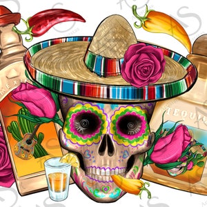 Mexican Skull Sombrero Tequila Botella Pimienta Rosas Png Diseño de Sublimación,Tequila Png,Sombrero Sombrero Png,Glitter Cinco de Mayo Png,Descargar